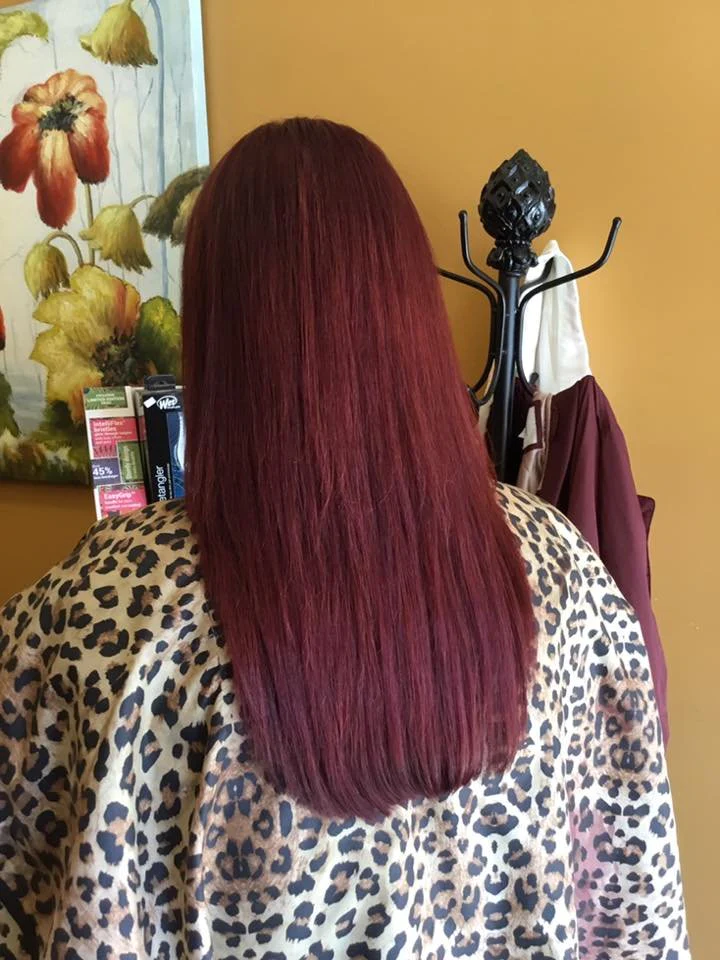 Long Vivid Red Hair Colouring with Straight Cut & Style
